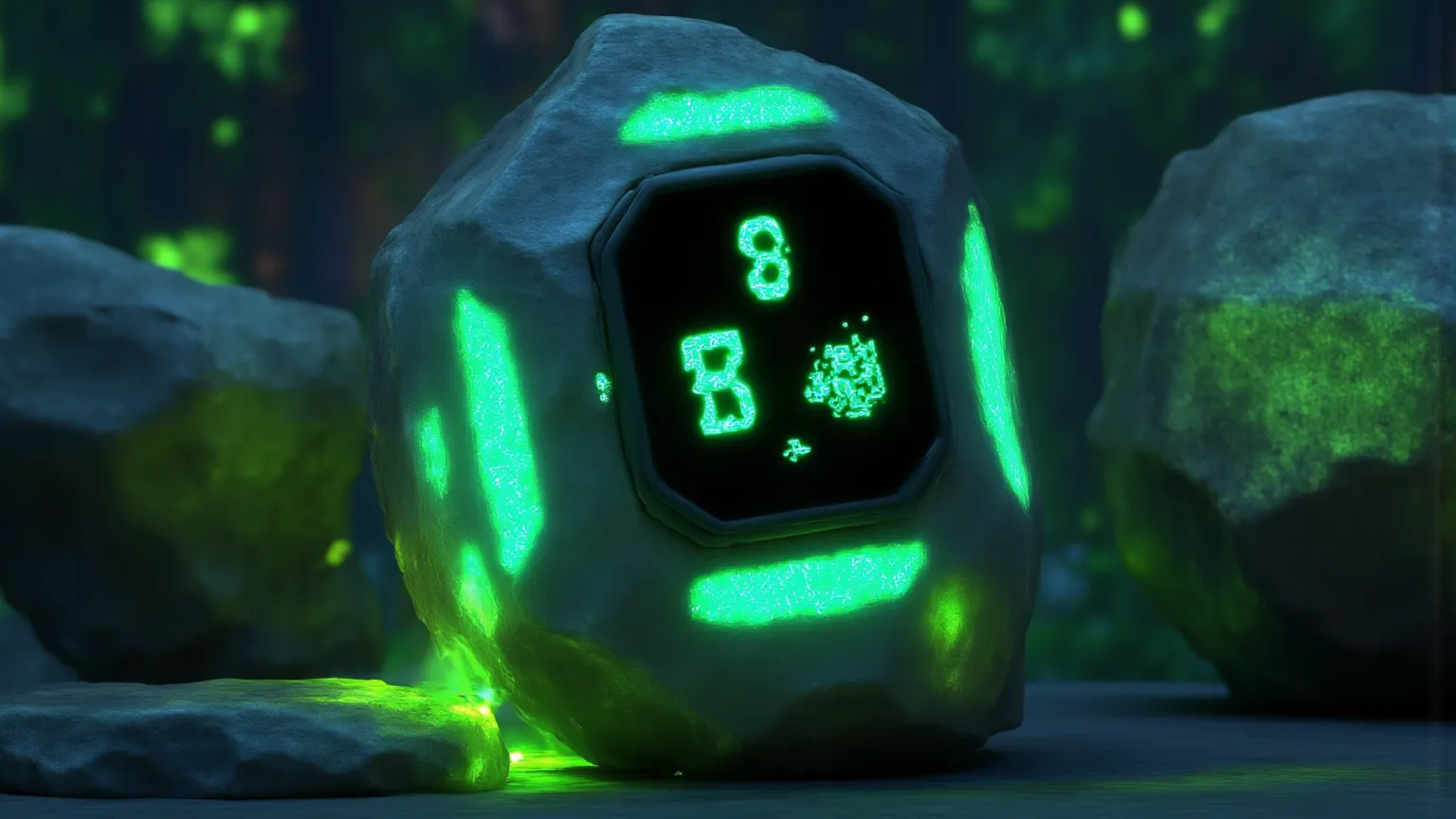 Photorealistic futuristic big octagon shaped bracelett/watch embedded in crystal rock, glowing green circuit patterns, black display screen, mysterious technological artifact, high detail, dramatic green lighting, cinematic close-up. A boy's wrist, green e...