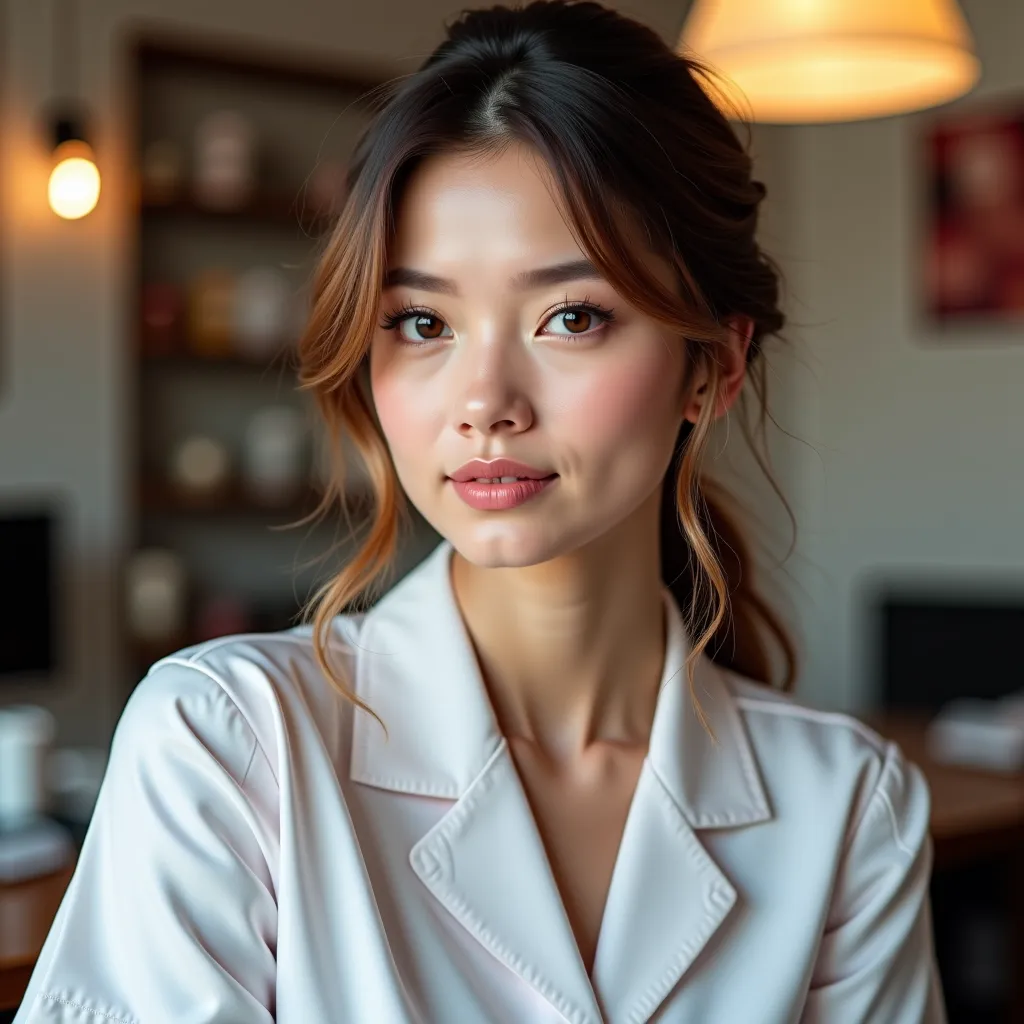 Manicurist instructor girl inside her nail studio,profile picture looking forward,portrait card,detailed face, serious expression , elegant environment,Soft lights, blurred background,natural lighting,Fine details, Realistic skin, realistic hair texture,vi...