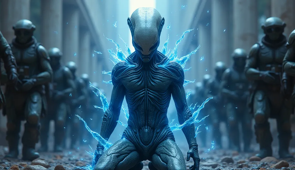 The alien leader kneels for the first time, his body is surrounded by blue energy cracks that begin to shake him. The remaining warrior military prepares for the final assault, with an expression of confidence and hope. High resolution, Masterpiece, High D...