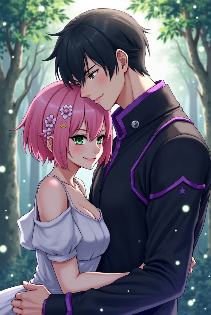 Realistic; male, black jacket with purple details; black hair; short hair, face mark of crescent moon on the right eye, black eyes; serious expression; couple; Realistic; female; white dress; pink hair; short hair; green eyes; smiling; magic forest backgro...