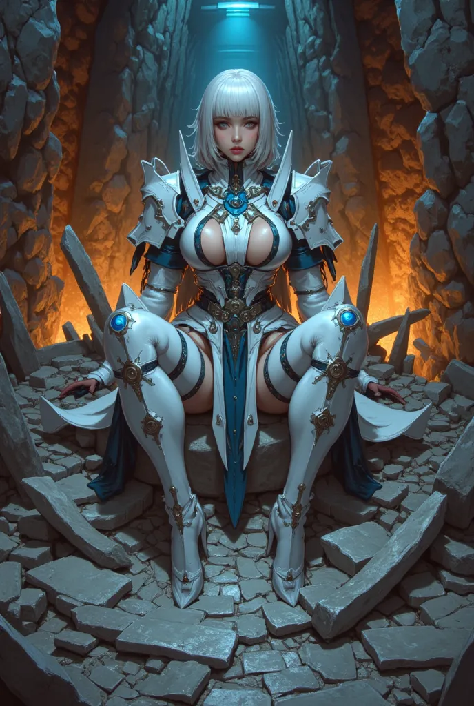 a fantasy woman with short silver hair, wearing a very thick and heavy white steel costume, blue motif sitting in a fragment of a futuristic biomechanical mecha steel egg shell complex mechanism. The shell debris is scattered, Orange light is flashing, mec...