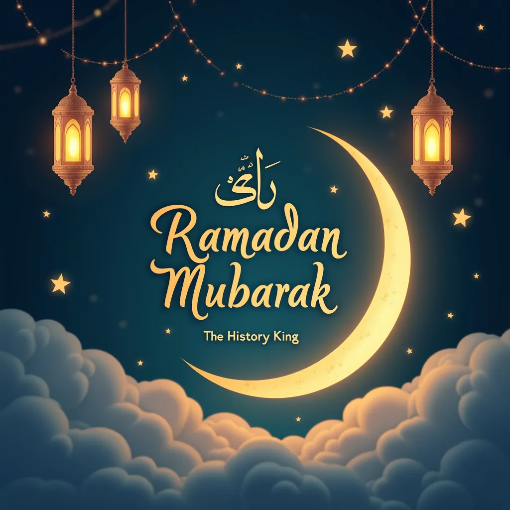 Here is a detailed prompt to generate a similar image:

"A beautifully designed Ramadan greeting card featuring a blue background with hanging golden lanterns and glowing star lights. The text 'Ramadan Mubarak' is prominently displayed in both Arabic and E...