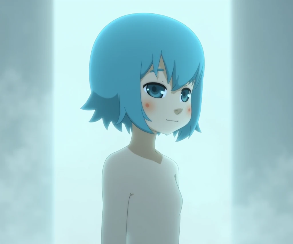 Nude character a blue-haired girl with her 1,57 of you are very small she seems to be very young her eye is a dark blue