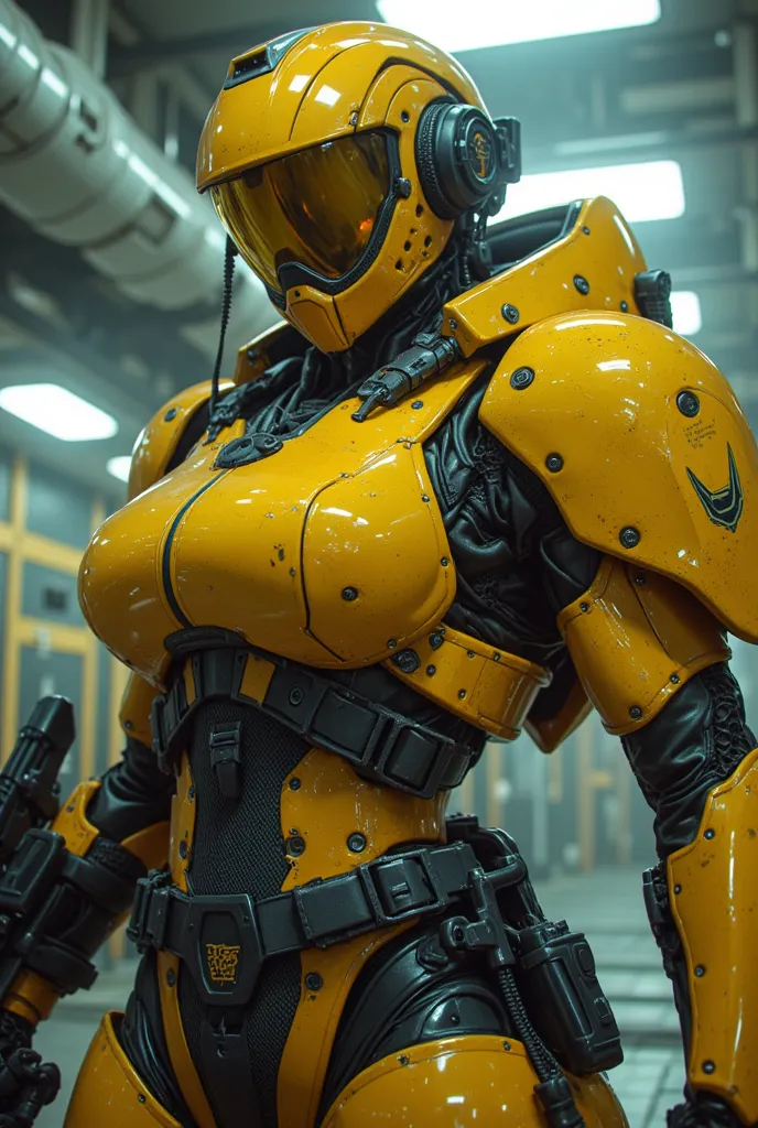 Prompt:

a ultra highly hyperrealistic cyborg with battle armor, glossy yellow color intricate with carbon fiber,big bulking body design, futuristic helmet with box headphone and clear glass protection, close view,hold a big plasma weapon, ultra intricate ...