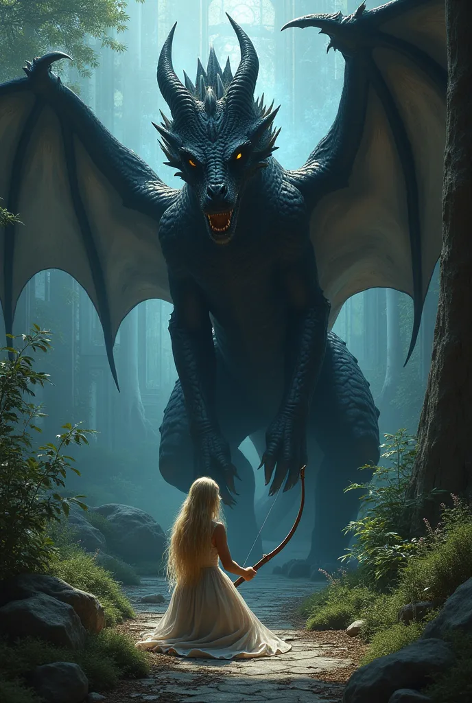 Dark garden , behind a glass castle, black dragon in front and at its feet a young blonde woman with long hair on her back with a bow 