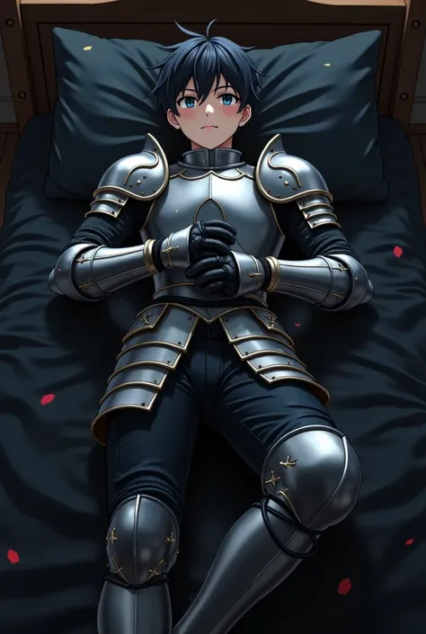 An 18-year-old anime boy in a knight armort lies bound on a black leather bed with a dark wooden frame. His wrists are tied to the top corners, ankles to the bottom corners using black ropes, arms and legs spread apart to emphasize his helpless position. A...