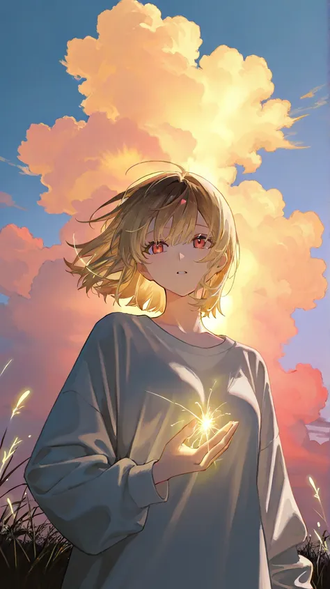 1girl, blonde, light golden hair fluttering in the wind, dark brown with red eyes, red dark brown eyes, Girl in a white voluminous sweatshirt, holding golden light, a bunch of golden yellow energy in the shape of a heart, light in the palms, shine, raised ...