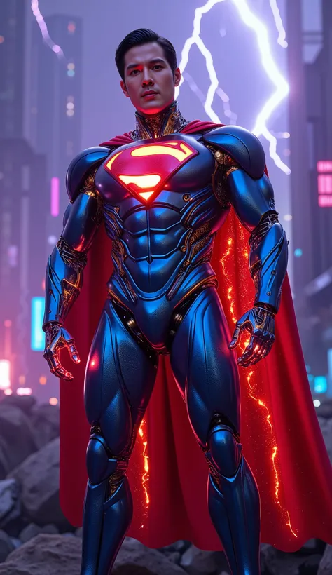 A full-body, 8K ultra-realistic 3D render of a futuristic robotic warrior inspired by Superman, standing in a dominant and heroic pose. His advanced cybernetic armor is sleek and metallic, featuring a glowing red and blue design with intricate nanotech pla...