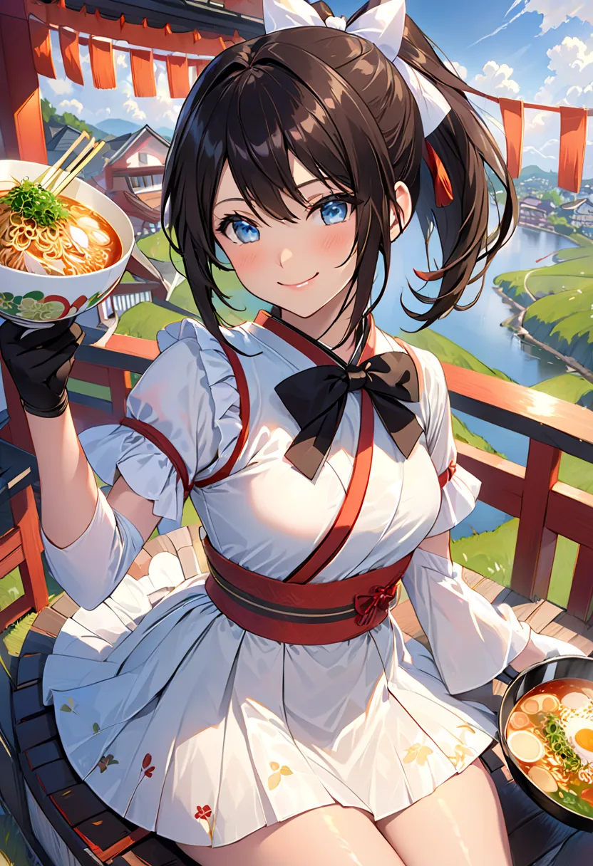 masterpiece, Top Quality, enchanting pose to hold your touch, Full body wide angle, smile, (is sitting:1.1) ,Ichiraku Ramen, ( When I eat ramen  :1.0), holding chopsticks and ramen bowl, Slurp the noodles,, Suzuka's Silence  (Uma Musume), black gloves, Whi...