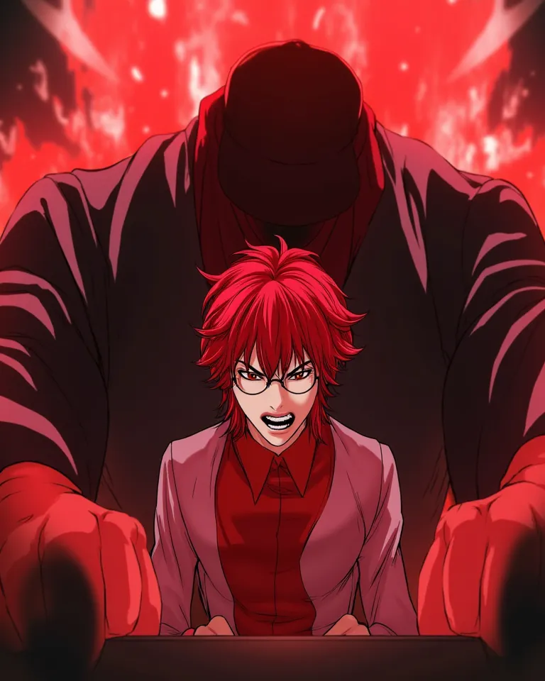 1 man with good appearance, short red hair, brown eyes, wearing glasses, broken glasses, slim figure, small figure, convenience store employee dress, bending his face down, biting his teeth, with a strong red aura emitted, convenience store background, hig...