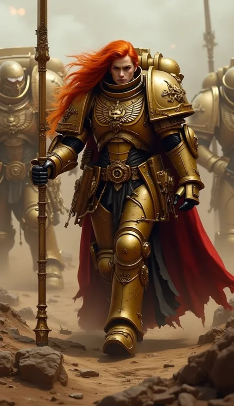 Warhammer 40k Adeptus Custodes youg woman walking solo to the viewer on a battle from w40k lore and wearing a Custodes Gold beautiful Armor. (The character has long two toned orange and red hair). The character wield a Guardian Helberd from warhammer 40k l...