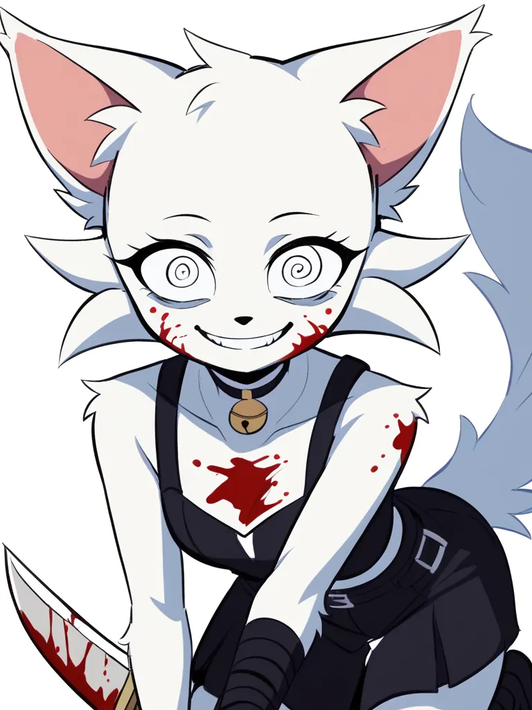 Wenda、full body、Solo、 score_9、 score_8_up、 score_7_up、feline、cat、anthro、furry、female、white fur、(heavily shaded white body, dark black shading on body, white body)、blood on body、holding a knife in hand、fluffy tail、psychotic smile、(wide eyes、fully open eyes ...