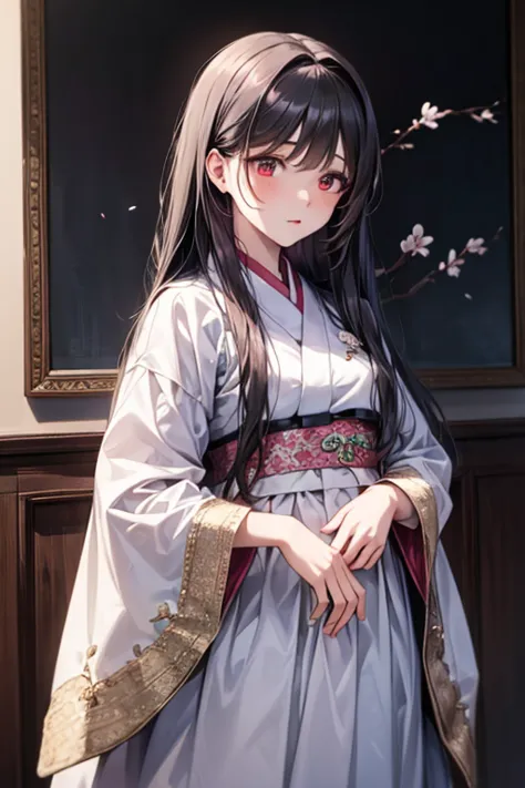 ((gfsowon))), ((((black long hair)))), red eyes, (((Hanbok1.5))), hanbok, Outstanding, Best Aesthetic, Best Quality, Masterpiece, Very Detailed, Masterpiece,  1girl , Alone, Blue Sky, Daytime, Flower, Cherry Blossom, Plum Blossom, Lilies, Beautiful Body, H...