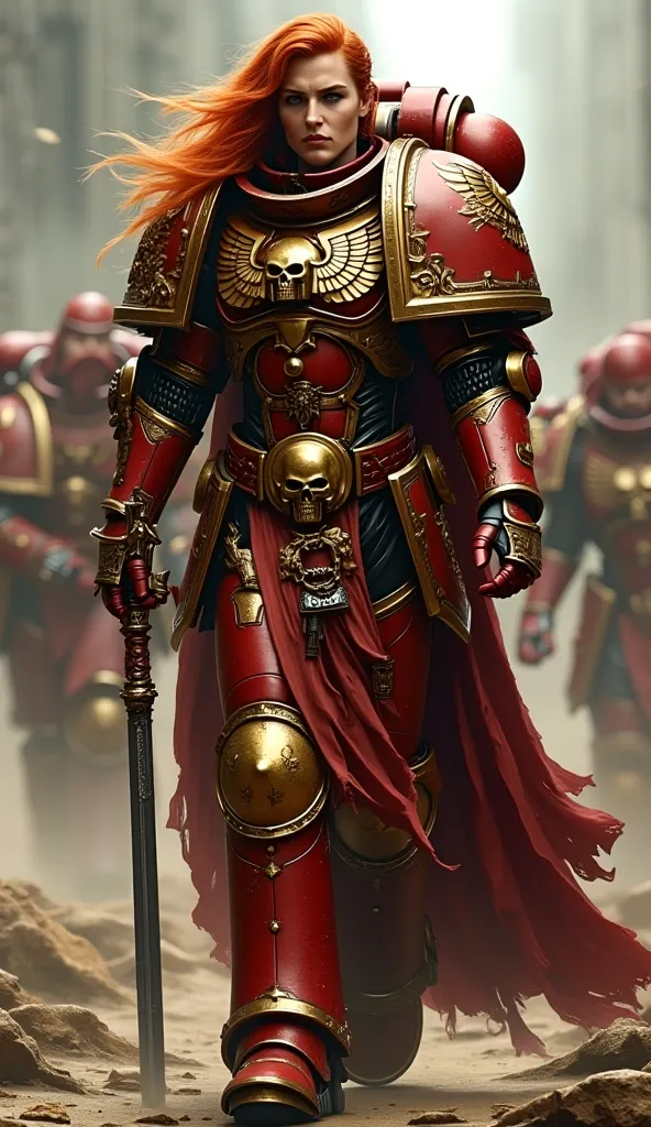 Warhammer 40k Adeptus Custodes youg woman (walking solo) to the viewer on a battle from w40k lore and wearing a Custodes Gold beautiful Armor. (The character has long two toned orange and red hair). The character wield a Guardian Helberd from warhammer 40k...