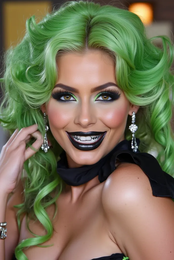 incredibly long and voluminous eyelash extensions, Loud laughter, bright green shadows,  green hair, straight and white teeth, two playful bundles of hair, ribbon collar,  diamond earrings , black lips, Bright eyebrows