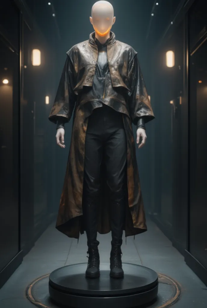 “A hyper-realistic mannequin with an abstract, featureless face, standing on a rotating, circular platform. The mannequin is dressed in avant-garde futuristic fashion, inspired by Kanye West’s aesthetic—bold, minimalist, and cutting-edge. The outfit combin...