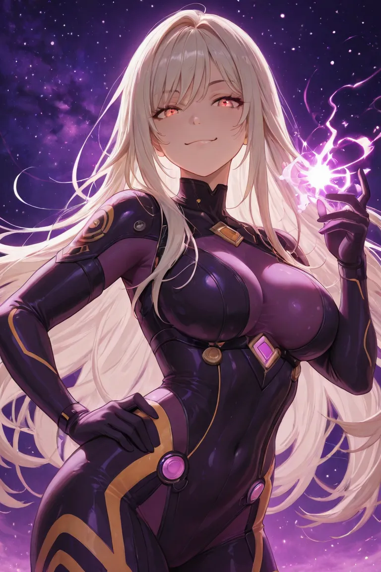 Meet **Vera Solstice**, a stunning, platinum-haired superheroine who bends time and energy with effortless precision. Her glowing golden eyes and smug smile reflect her confidence, while her iridescent bodysuit pulses with cosmic power. Born during a celes...