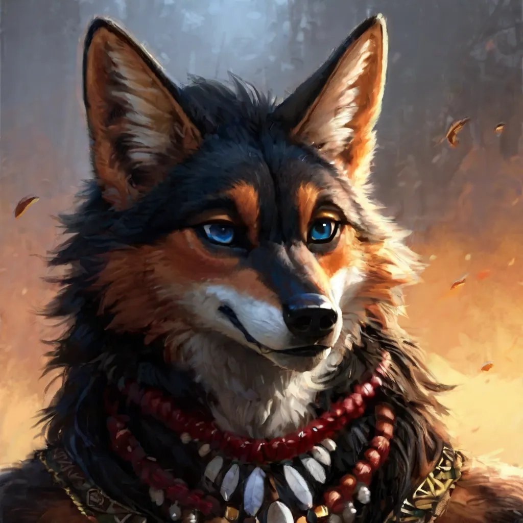 High Resolution, Anatomically Correct, Masterpiece, Best Quality, High Quality, anthropomorphic werewolf, werewolf, maned wolves wolf, black fur, white fur, Orange fur, Deep blue eyes, tribal accessories, no shirt, friendly expression, headshot, portrait, ...