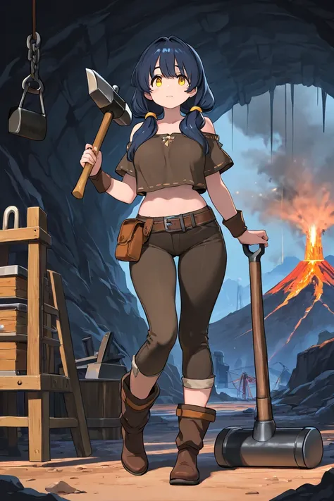 masterpiece, best quality, full body, anime colored, from front, slender body, one girl, smart face, solo, dark blue hair, low twintails, airy hair, curvy hair, voluminous hair,  yellow eyes, tareme, blacksmith, crop top, midriff peek, using hammer, volcan...