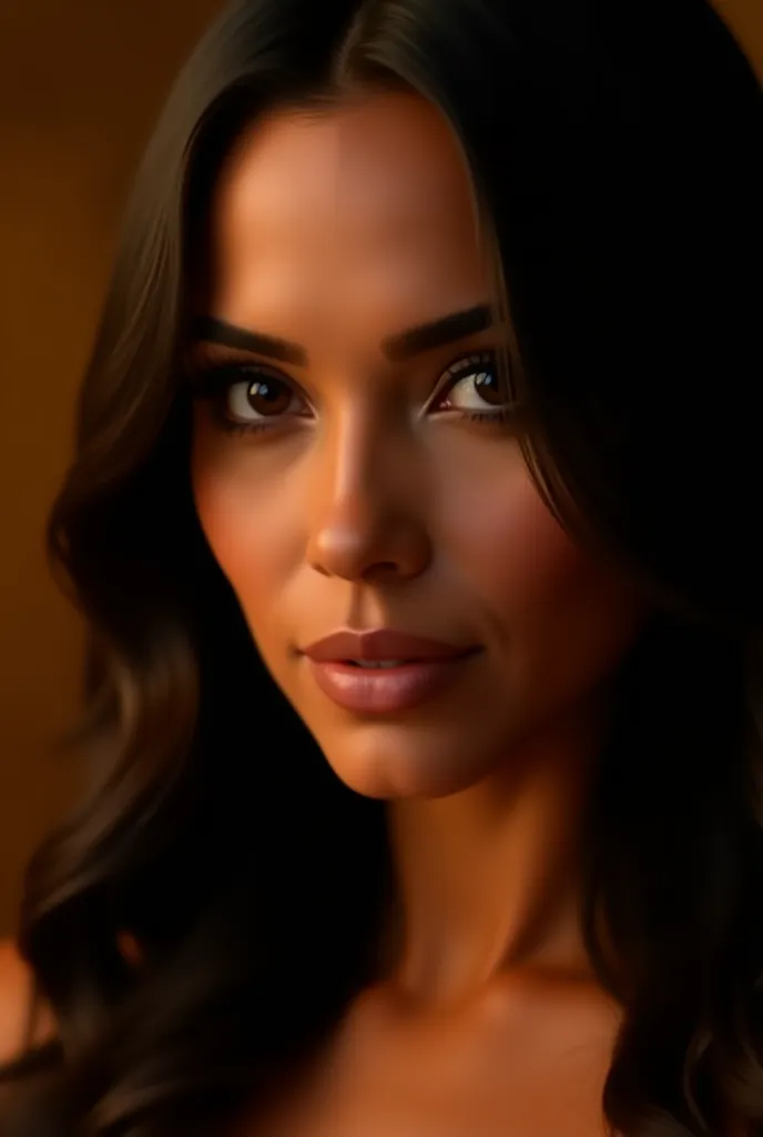 "Ultra-realistic close-up portrait of a Latina woman with long dark hair, deep brown eyes, seductive gaze, evening makeup, golden backdrop.