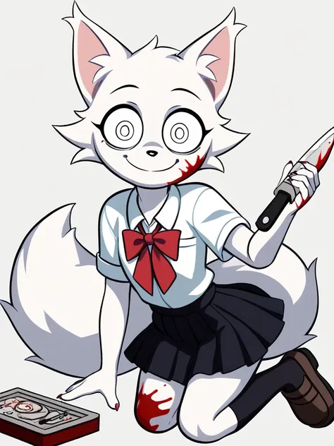 Wenda、full body、Solo、 score_9、 score_8_up、 score_7_up、feline、cat、anthro、furry、female、white fur、(heavily shaded white body, dark black shading on body, white body)、blood on body、holding a knife in hand、fluffy tail、psychotic smile、(wide eyes、fully open eyes ...