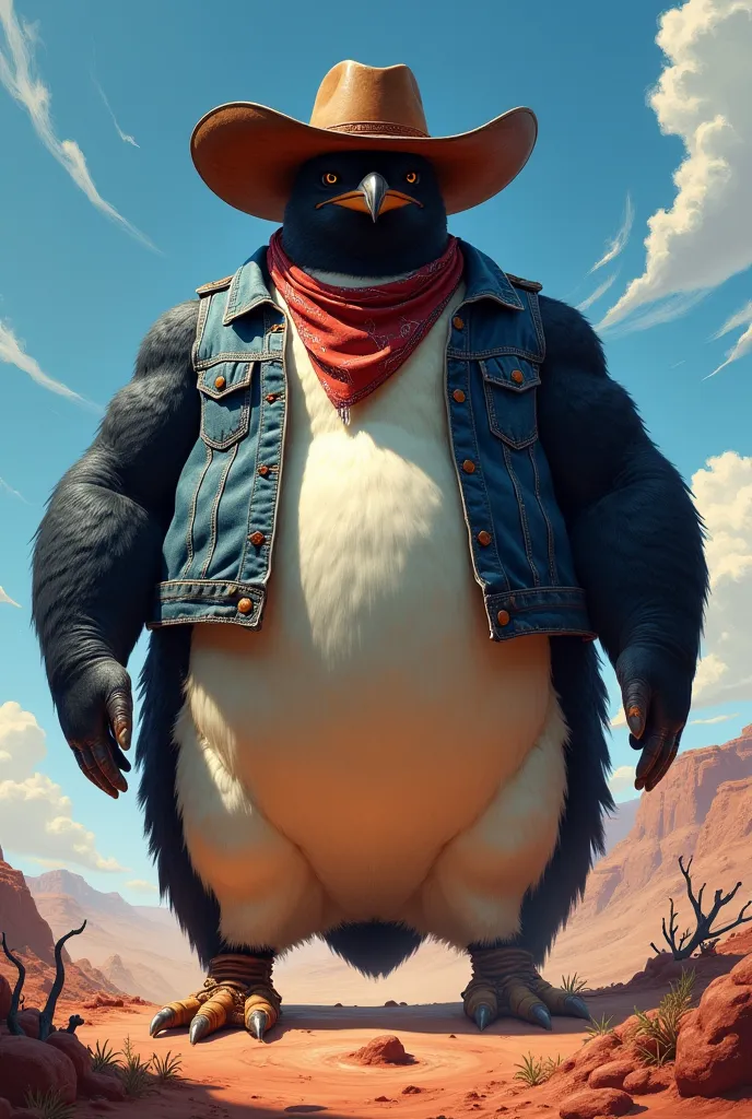 Create a muscular penguin with a cowboy style that is giant