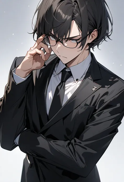 Ultra High Definition, Hi-Res, Hi-Res, Highest quality,  handsome　illustrations,  male　Glasses,　 expressionless, white background,  black suit, put on glasses, A man who seems serious, Stand with good posture, bob cut, short hair, Glaring bangs, Alone, adj...