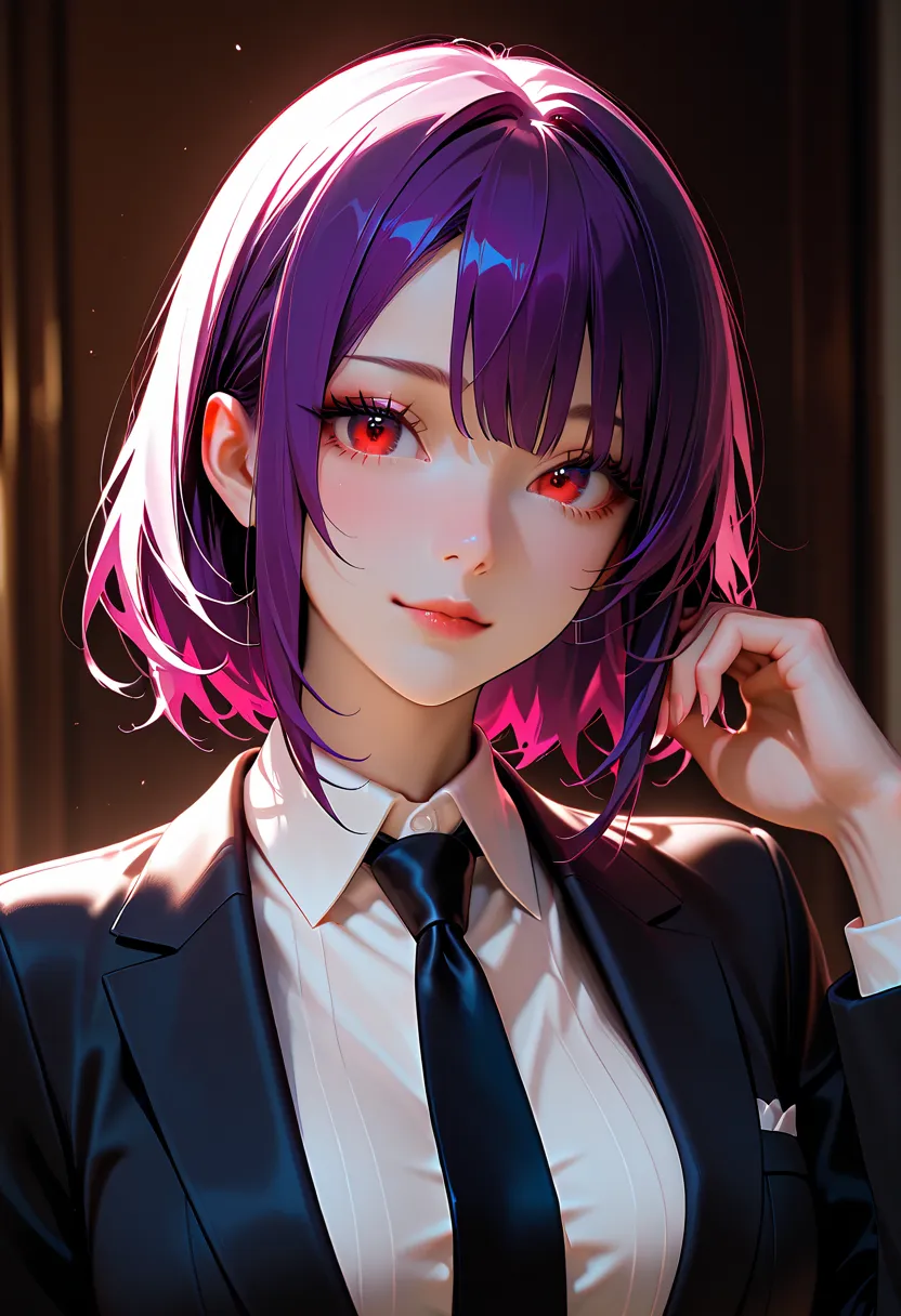 A woman with long, purple hair, red eyes, a beautiful face, and dressed in a polite black suit.