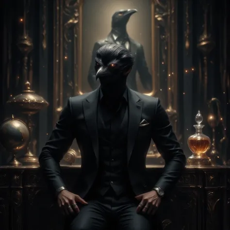 A powerful image of a muscular anthropomorphic Crow. Wearing all black 3 piece suit. Dynamically posing for photoshoot. Cool looking, handsome, confident and distinguished. Silver watch and 2 rings. Dark smokey manor library background. Leaning against an ...