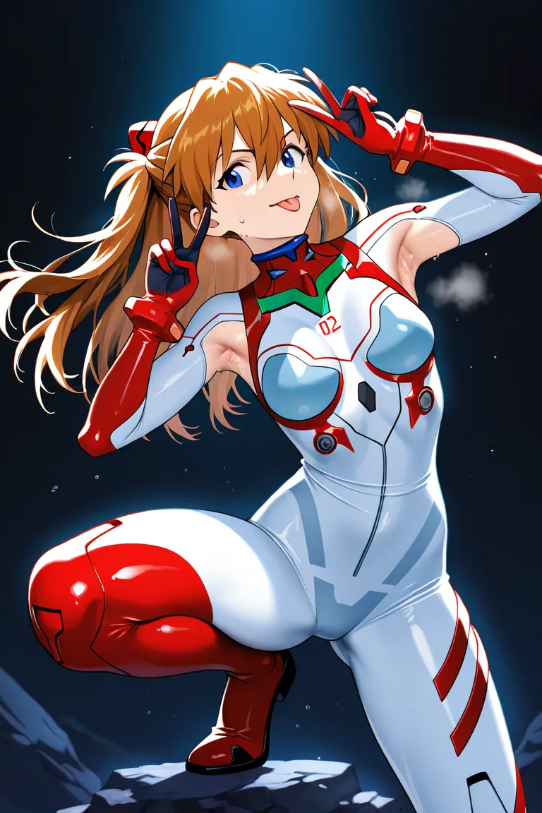 Soryu Asuka Langley,Best Quality, Ahe Face, crouch, shows off her side, Costume,sweaty,stick out your tongue,peace sign,Armpit odor