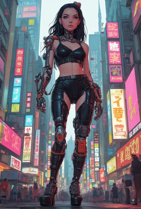 cybernetic cyberpunk cyborg girl standing on city street in leather skirt and black erotic lingerie, Ilya Kuvshinov aux cheveux longs, Guviz style d'œuvre, Fond d'écran art  8K, Guvitz sur la station d&#39;art Pisif, Guwiz sur la station d'art Pisiv, art d...