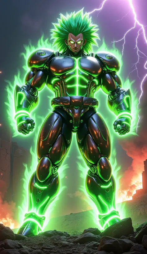 A full body, 8K ultra-realistic 3D render of a colossal robotic warrior inspired by Super Broly, standing in an overpowering and battle-ready stance. His cybernetic body is a fusion of advanced nanotech armor and immense organic strength, with glowing emer...