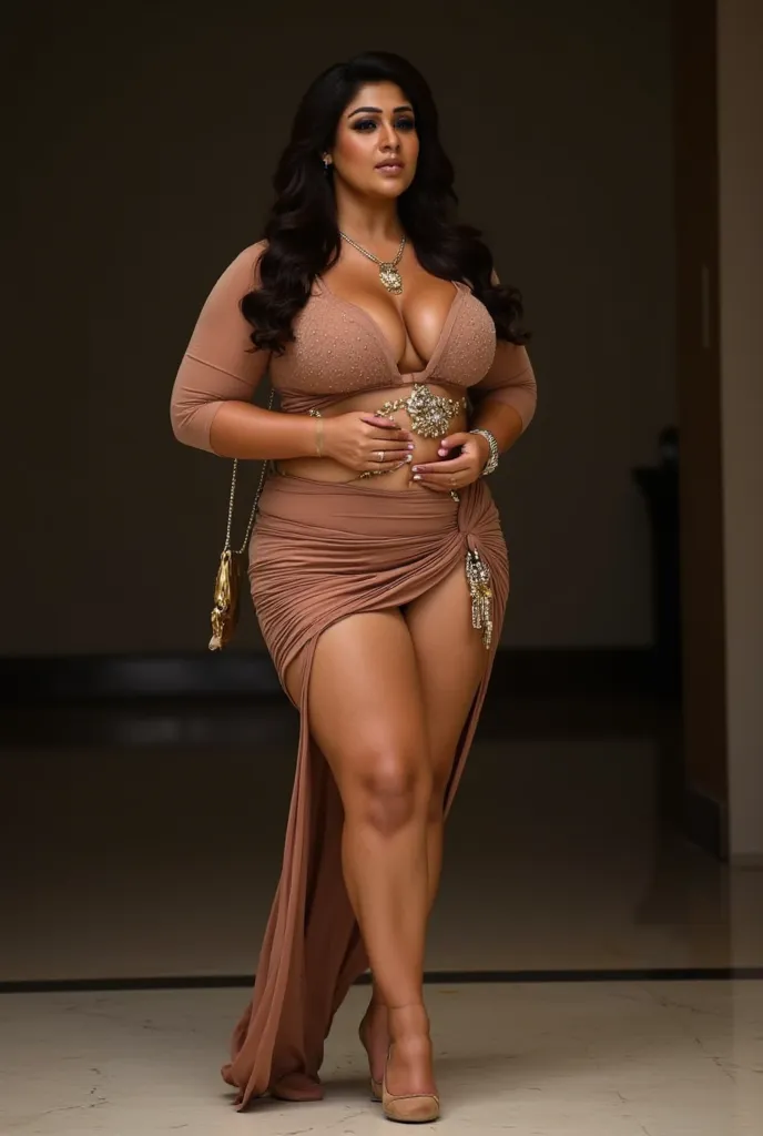 A full-body side view of a 50-year-old Indian curvy model with brown skin, black hair,big breast, medium plus size figure and striking features, wearing a luxurious high-fashion exposing short dress exposing her deep navel,cleavage and panty with bold acce...