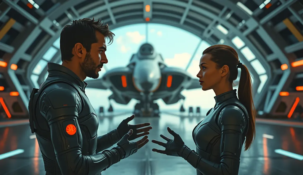 A futuristic sci-fi scene inside a high-tech starship with a sleek, metallic interior and large panoramic windows revealing space outside. Two highly detailed human characters, a man and a woman, stand facing each other in conversation. They wear form-fitt...