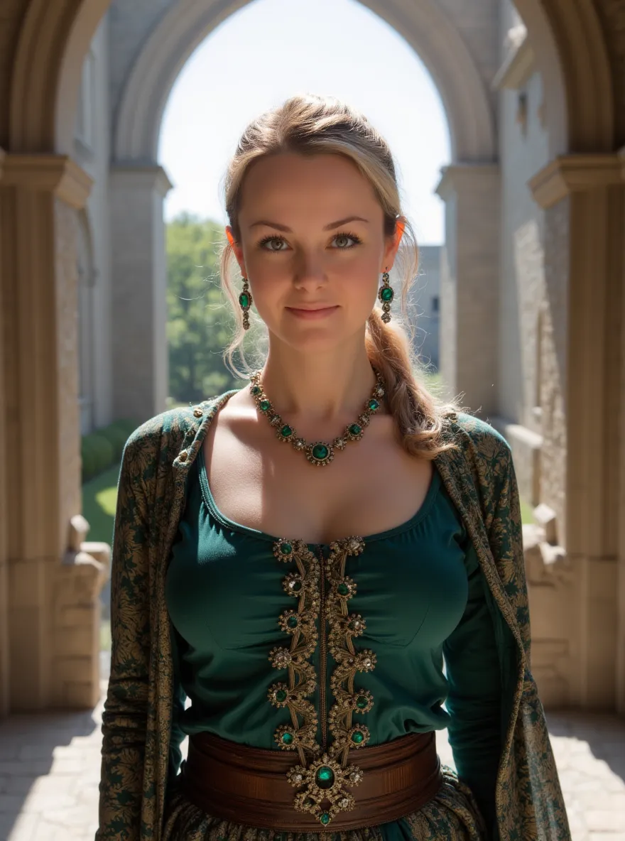 full bodyshot of m1r3ll3a woman, very young woman, strong, (((light blonde hair: 1.5),  pony tail,standing  at a beautiful medival castle,, natural lighting, high-resolution, wearing a very noble and original medival dress, serious face expression, prachtv...