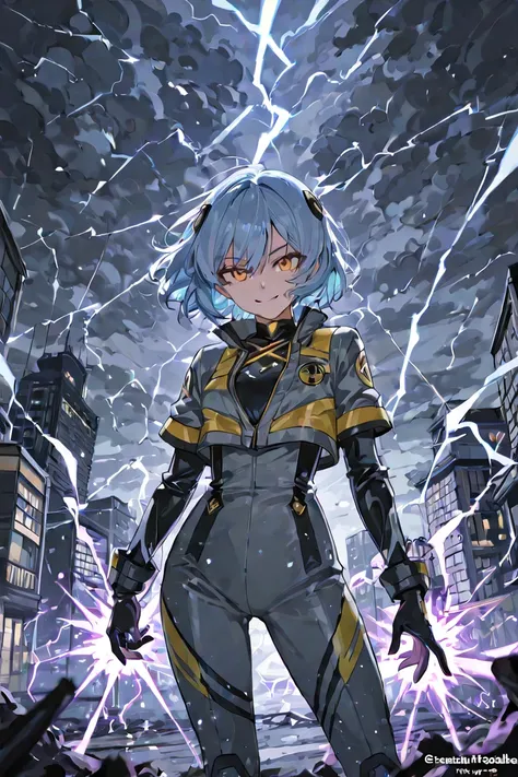 a breathtakingly beautiful and fiercely cool heroine with electric-blue hair that crackles like lightning and piercing amber eyes that glow with raw energy. Her smug smile dares anyone to challenge her. Clad in a sleek, storm-gray suit laced with glowing c...