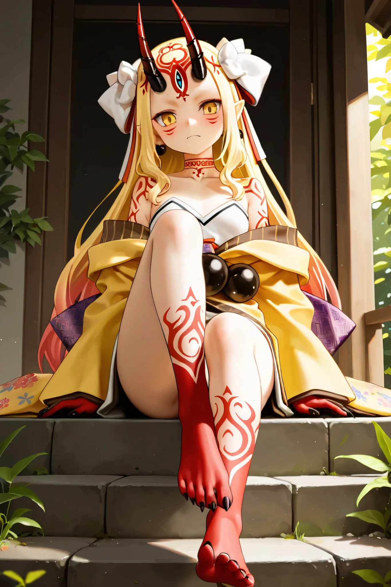 NSFW,masterpiece,Highest quality,Hi-Res,very detailed,Ibaraki Doji\(Fate/Grand Order),long hair、 Gold、side lock、yellow eyes、pointed ears、 face mark 、tattoo、 forehead mark、ghost、horn、Sharp Claws, kimono、 yellow kimono、Head ornament、earrings、gem、 Biz 、off sh...