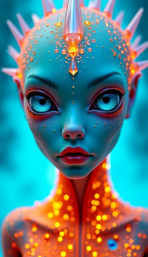  cyberpunk style digital image ,  alien girl of extraordinary beauty , face decorated with rhinestones ,  fascinating eyes with complex patterns in blue tones,  turquoise , ocean,  atmosphere with long 5D eyelashes and red lips ,  bright neon blue backgrou...