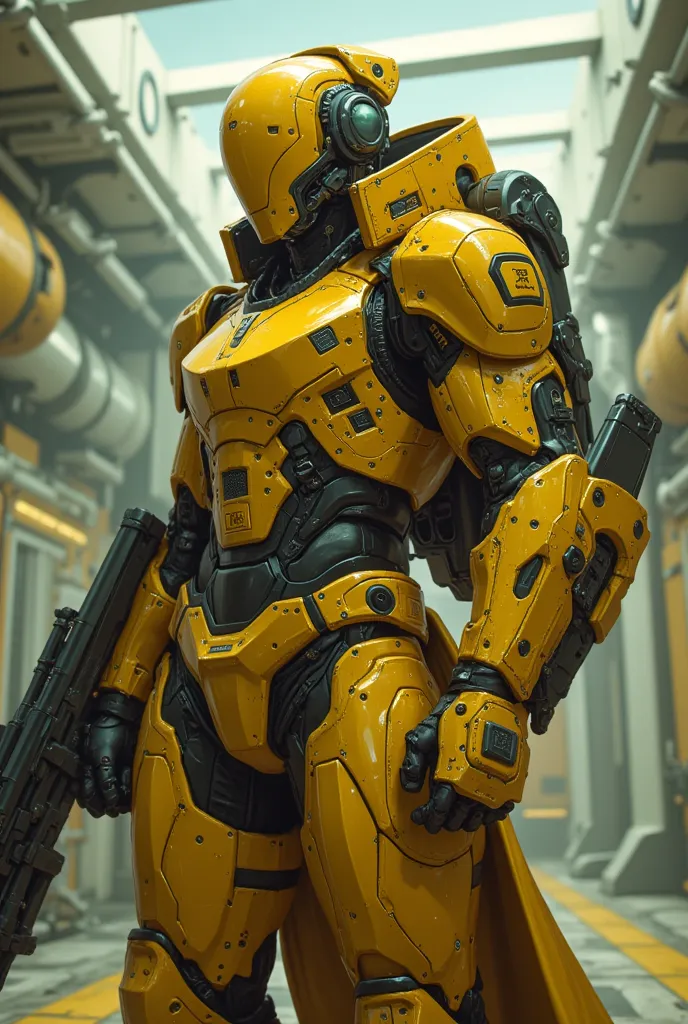 Prompt:

a ultra highly hyperrealistic cyborg with battle armor, glossy yellow color intricate with carbon fiber,big bulking body design, futuristic helmet with box headphone and clear glass protection, close view,hold a big plasma weapon, ultra intricate ...