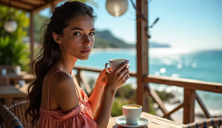 A high-resolution professional photograph of a luxurious Brazilian woman enjoying a cup of coffee on the terrace of a seaside café. She is elegantly dressed in a flowing, stylish outfit that complements the warm ocean breeze. Her radiant, sun-kissed skin g...