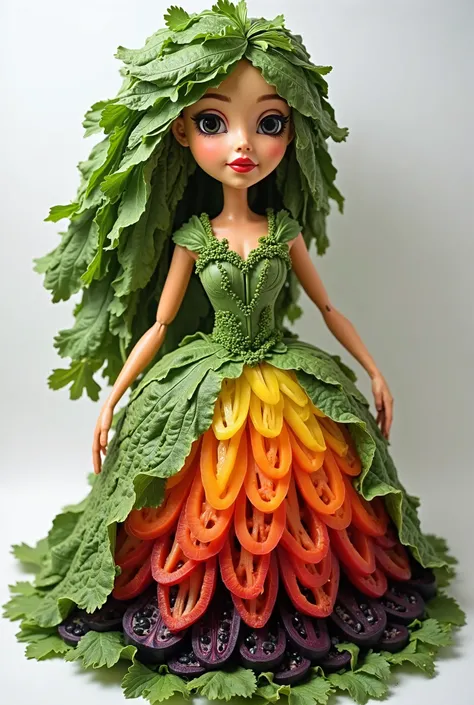 "Create a girl made entirely from different types of vegetables. Her hair should be long and flowing, made of spinach or coriander leaves. Her eyes can be crafted from black olives or black beans. Use a ripe tomato or red bell pepper to shape her lips, and...