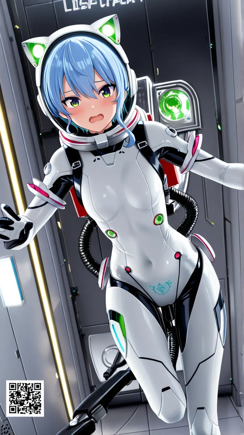 1girl,light blue hair,short hair,green eyes,solo,she in white sleek bodysuit with black joint and gray joint accents,floating midair in zero gravity,from front view, looking at the viewer with a flustered expression,open mouth,wide eyes,wearing cat-ear hea...