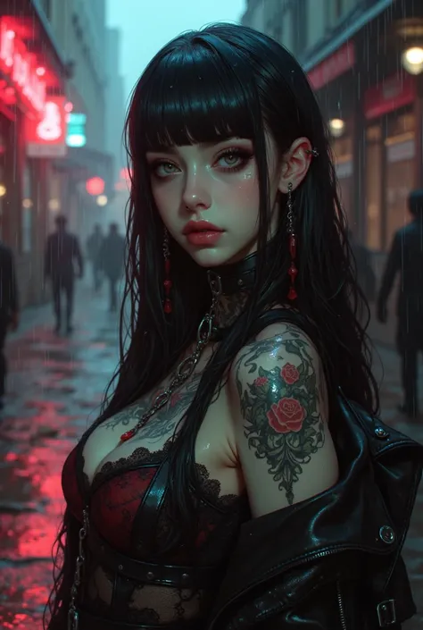 Set at night in a seedy back alley of an inner city. Gritty, cinematic portrait of an alluring goth woman, evocative stance exuding a sultry, enigmatic presence. Her long black hair, streaked with red highlights, clings to her pale skin. Hazel eyes glisten...