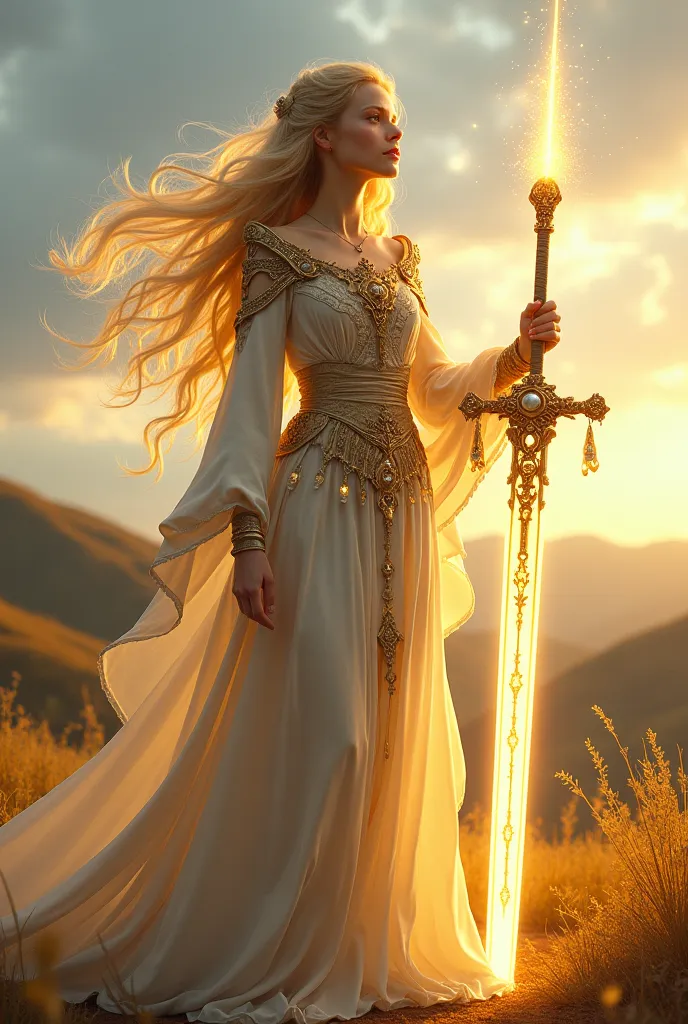 Cleric Aasimar, with golden hair, amber eyes and fair skin, where he holds a long sword in his right hand, radiating divine light from it. 