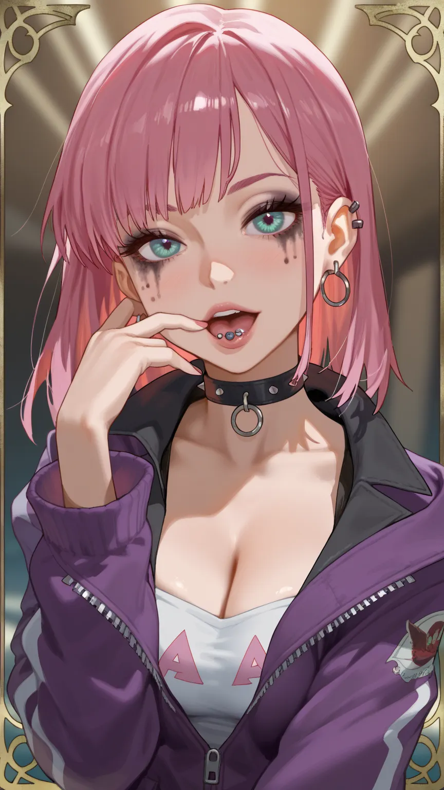 A girl with a striking and edgy aesthetic poses with an open mouth, revealing a tongue piercing that adds to her rebellious vibe. She has long, pink hair that falls freely, with straight bangs that frame her face and nearly cover her eyes, Her eyes are sha...