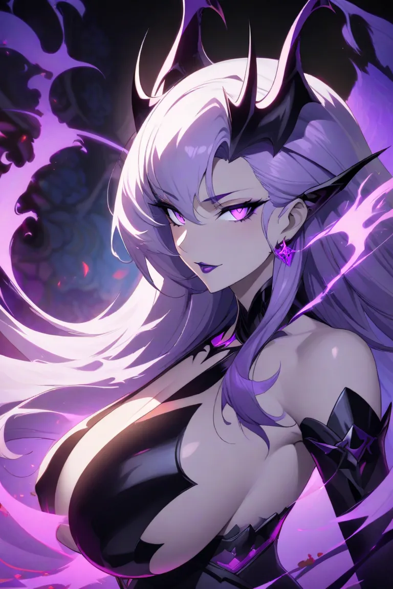 White skin, demon, queen, purple long hair，beauty， mature, tarting，Sexy，wearing Japanese costume ，beautiful breast, 2D Anime