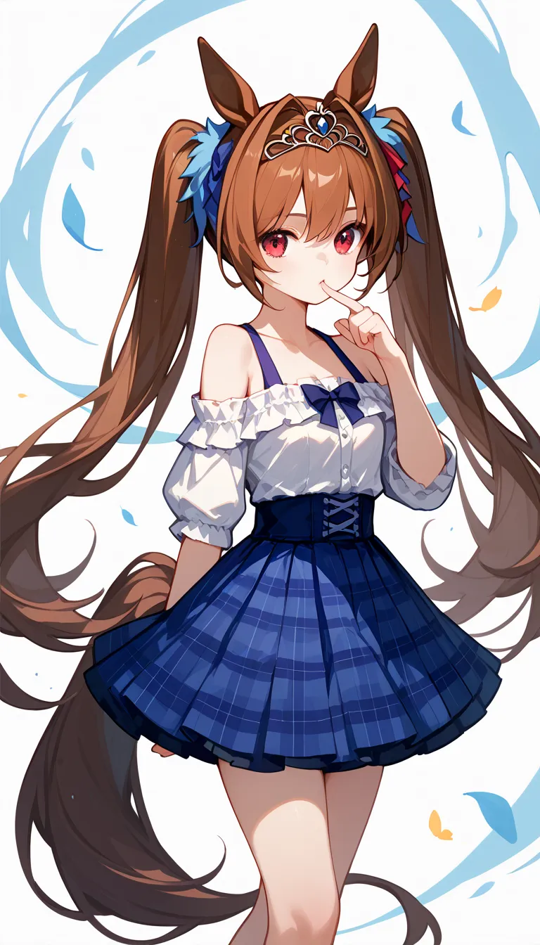 daiwacasual, twintails, tiara, horse ears, frills, white shirt, off-shoulder shirt, blue skirt, plaid, horse tail,chibi