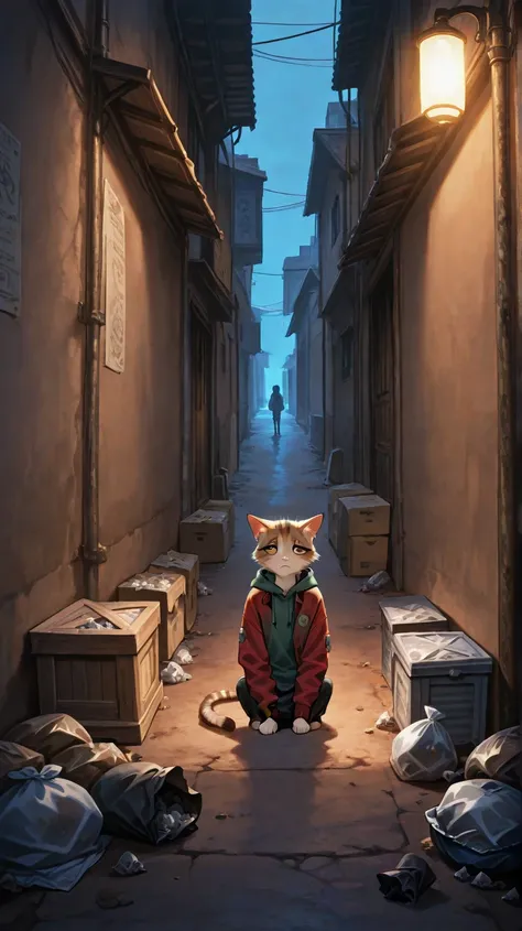 A narrow, dirty alley behind a marketplace, filled with scattered trash and dim lighting. A small, skinny anthropomorphic cat named Miko sits alone near a pile of old boxes. His fur is brown and white with unkempt patches, his left ear has a small tear, an...