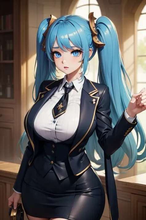 masterpiece, best quality, 1girl, Sona \(league of legends\), blue hair, blue eyes, gradient hair, collarbone, twintails, hair ornament, long hair, breasts, baroque dress, wearing a detailed steampunk dress, elegant gothic princess, victorian gothic lolita...