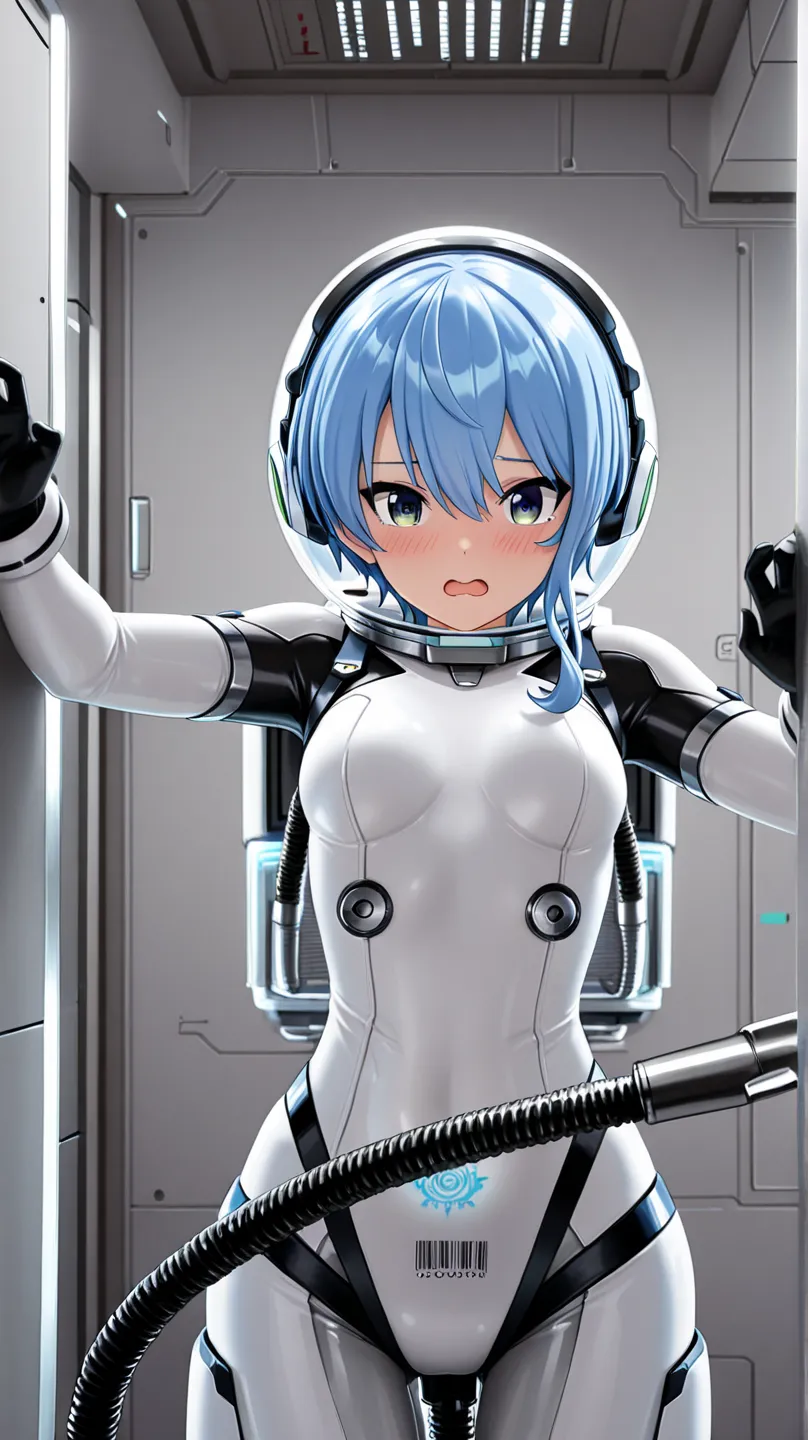 1girl,light blue hair,short hair,green eyes,solo,she in white sleek bodysuit with black joint and gray joint accents,floating midair in zero gravity,from front view, looking at the viewer with a flustered expression,open mouth,wide eyes,wearing cat-ear hea...